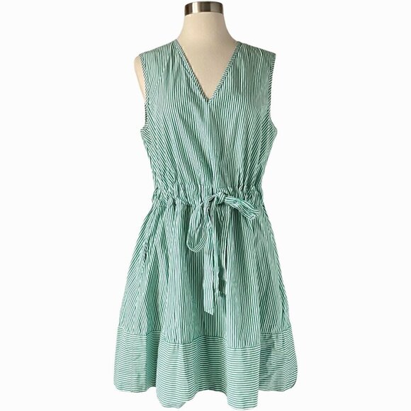 Pearl by Lela Rose Green White Stripe Cotton Dress Bow Tie Waist L - Picture 9 of 9